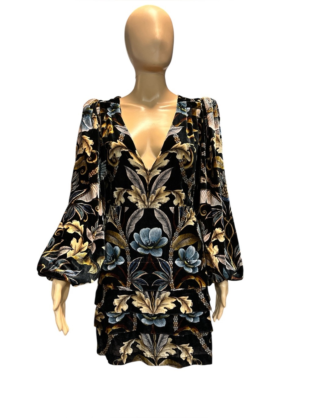 Farm Rio velvet, black floral, long sleeve, deep V mini dress size XS